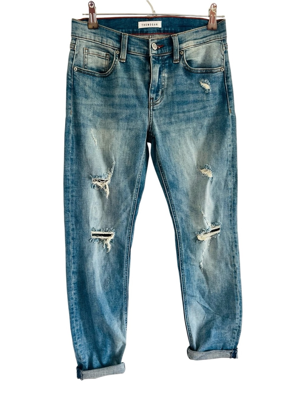 THEMOGAN Blue Denim Light Wash Low Rise Frankie Button Zip Distressed Jeans